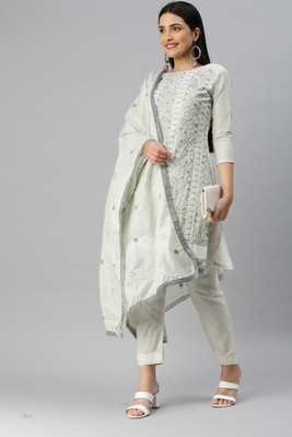 HERE&NOW Cotton Blend Embroidered Salwar Suit Material