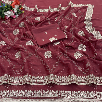 EthnicAura Embroidered Bollywood Georgette Saree(Maroon)