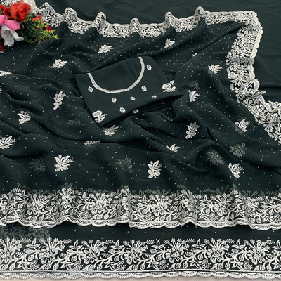 DkCartel Embroidered Bollywood Silk Blend Saree(Green)