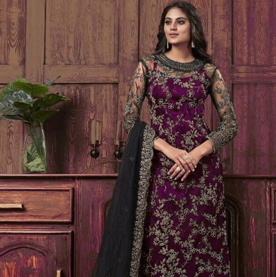 TRIVORA Net/Lace Embroidered Kurta & Churidar Material