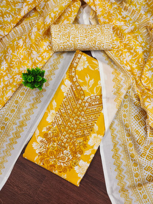 Divastri Cotton Blend Embroidered, Floral Print Salwar Suit Material