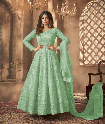 Divine Exim Net/Lace Embroidered, Embellished Gown/Anarkali Kurta & Bottom Material
