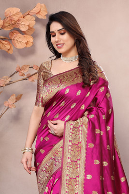 DESTY Embellished, Self Design, Solid/Plain, Applique, Woven Banarasi Jacquard, Silk Blend Saree(Magenta)