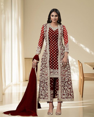 Dealbazaars Corporation Net/Lace Dyed, Embroidered, Embellished, Self Design Kurta with Jacket & Bottom Material