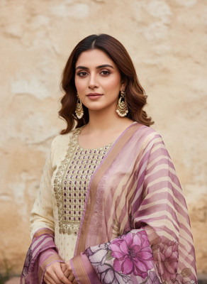 BlissFlair Cotton Silk Embroidered Salwar Suit Material