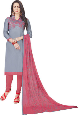 manvaa Cotton Blend Solid, Embroidered Kurta & Churidar Material