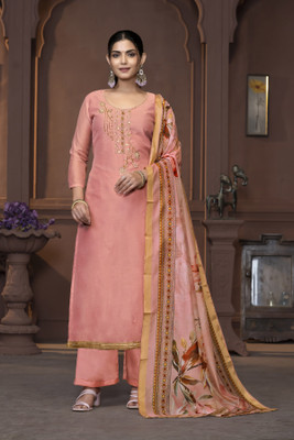 manvaa Cotton Blend Embellished Salwar Suit Material