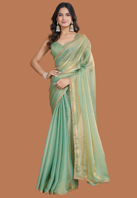 Croza Solid/Plain Chanderi Chiffon, Tussar Silk Saree(Green)