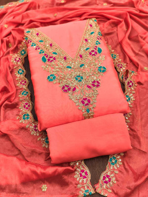 RUDRAA FAB Silk Blend Embroidered Salwar Suit Material
