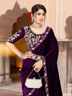 hutah Embroidered Bollywood Velvet Saree(Purple)