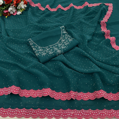 SHUBHDRASHTI NX Floral Print Blouse Material Organza Saree(Dark Green)