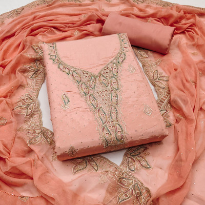 Shree Meladi Pure Silk Solid, Embroidered, Floral Print, Embellished Salwar Suit Material