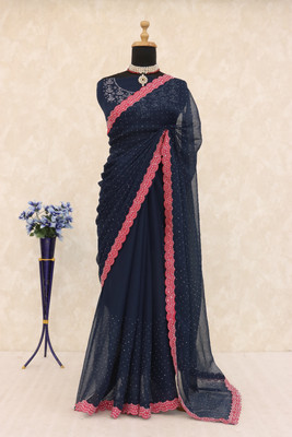 Radheradhey Embellished Blouse Material Organza Saree(Dark Blue)