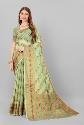 Gold Art Fashion Woven Banarasi Cotton Silk Saree(Light Green)