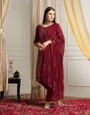 Samah Georgette Dyed, Embroidered, Embellished, Self Design Salwar Suit Material