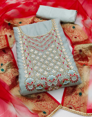Samah Polycotton Embroidered, Embellished, Self Design Salwar Suit Material