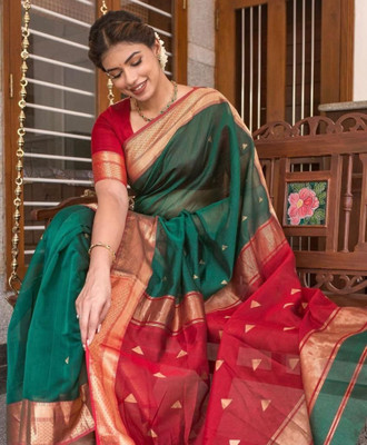 Rudr Venture Digital Print Banarasi Silk Blend Saree(Green)