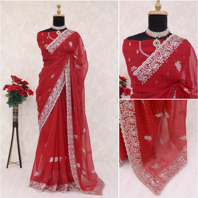 Mikhushop Embroidered Bollywood Silk Blend Saree(Red)
