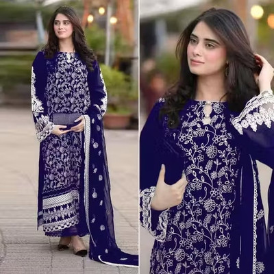 TRIVORA Net/Lace Embroidered Kurta & Palazzo Material