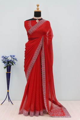 EthnicAura Embellished Bollywood Organza Saree(Red)