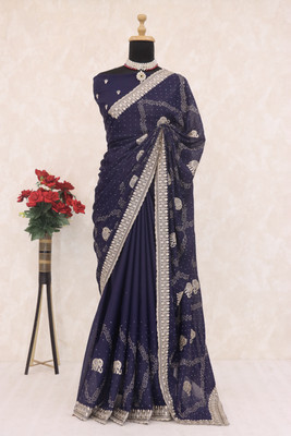 SHUBHDRASHTI NX Embroidered Bollywood Georgette Saree(Dark Blue)