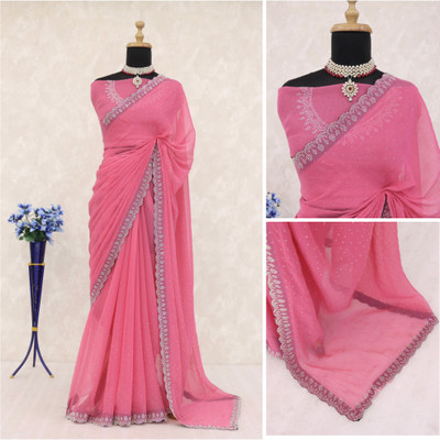 KHRITI FAB Solid/Plain, Embellished Bollywood Organza Saree(Pink)