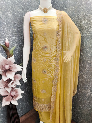 Shree Meladi Pure Silk Solid, Embroidered, Floral Print, Embellished Salwar Suit Material