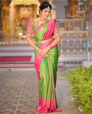 Suhanioi Self Design Bollywood Silk Blend Saree(Green)