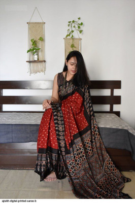 ANUVRATA Printed, Self Design, Woven Assam Silk Pure Silk Saree(Black, Red)