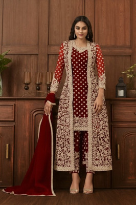 TRIVORA Net/Lace Embroidered Gown/Anarkali Kurta & Bottom Material