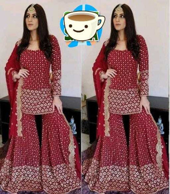 STYLEFLORA Georgette Embroidered Kurta & Sharara Fabric