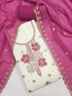 Shree Meladi Pure Silk Solid, Embroidered, Floral Print, Embellished Salwar Suit Material