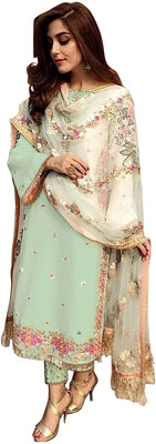 HRMFAB Georgette Embroidered Kurta & Sharara Fabric