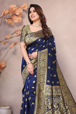 DESTY Embellished, Self Design, Solid/Plain, Applique, Woven Banarasi Jacquard, Silk Blend Saree(Dark Blue)