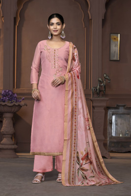 HERE&NOW Cotton Blend Embroidered Salwar Suit Material