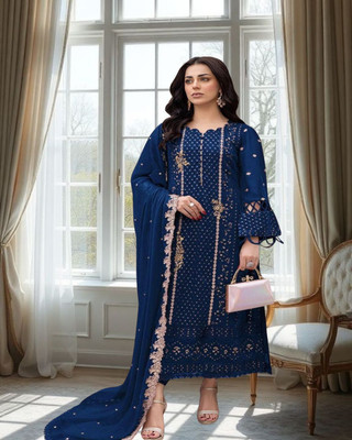 Dealbazaars Corporation Georgette Dyed, Embroidered, Checkered, Embellished, Self Design Salwar Suit Material