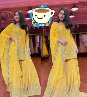 STYLEFLORA Georgette Embroidered Kurta & Sharara Fabric