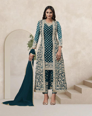 Dealbazaars Corporation Net/Lace Dyed, Embroidered, Embellished, Self Design Kurta with Jacket & Bottom Material