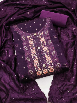 FLAPION CREATION Chanderi Embroidered Salwar Suit Material