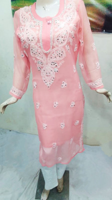 Handworkchikan Women Embroidered A-line Kurta(Pink)