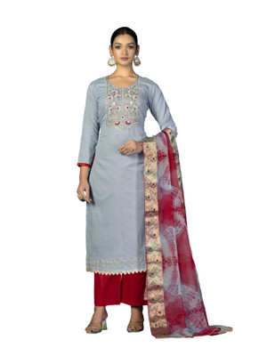 HERE&NOW Cotton Blend Embroidered Salwar Suit Material