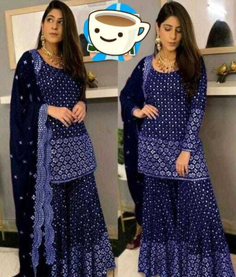 ETHNICBRITY Georgette Embroidered Kurta & Sharara Fabric