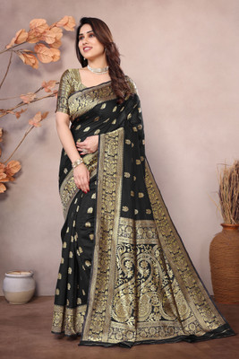 DESTY Embellished, Self Design, Solid/Plain, Applique, Woven Banarasi Jacquard, Silk Blend Saree(Black)