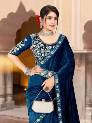 hutah Embroidered Bollywood Velvet Saree(Dark Blue)