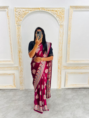 ANUVRATA Printed, Self Design, Woven Assam Silk Pure Silk Saree(Purple)