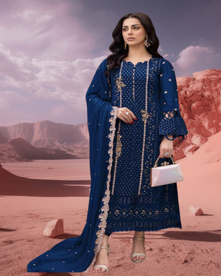 Dealbazaars Corporation Georgette Dyed, Embroidered, Checkered, Embellished, Self Design Salwar Suit Material