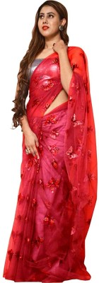 KALKANI BROTHERS Applique Bollywood Net Saree(Red)