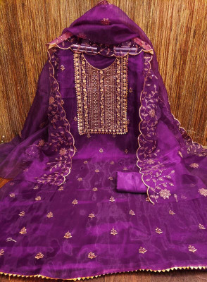 FREYLU Organza Embroidered Salwar Suit Material