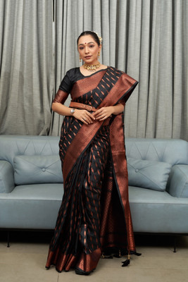 ZELLURE Solid/Plain Banarasi Cotton Silk Saree(Black)