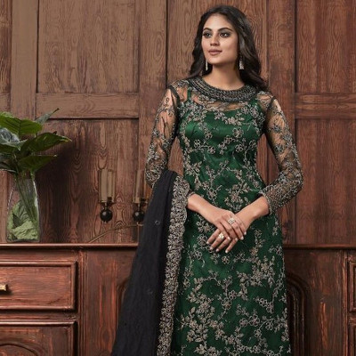 TRIVORA Net/Lace Embroidered Kurta & Churidar Material